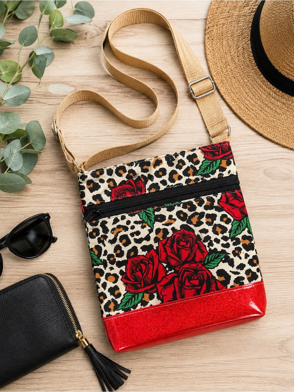 Handmade Leopard & Red Rose Crossbody Bag – Adjustable Strap